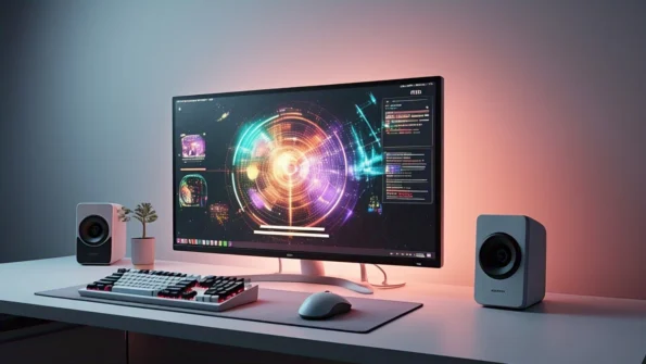 A modern 3D render of a minimalist gaming setup with a white desk, pink accent lighting, and an empty white space on the right for text overlay.