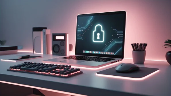 Realistic 3D render of a minimalist desktop with a glowing lock icon on a laptop screen, ambient pink lighting, and empty white space for text overlay.