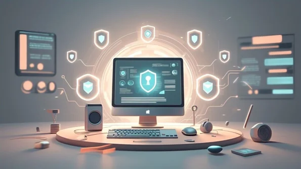Modern laptop with cybersecurity shield and data protection icons in a clean white tech environment, symbolizing antivirus protection in 2025