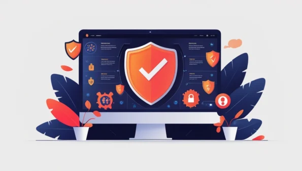 Futuristic digital illustration promoting antivirus software with a glowing shield on a computer screen, surrounded by icons of malware, ransomware, and security symbols. The image has a minimalist white background with accents of red-orange and navy blue.